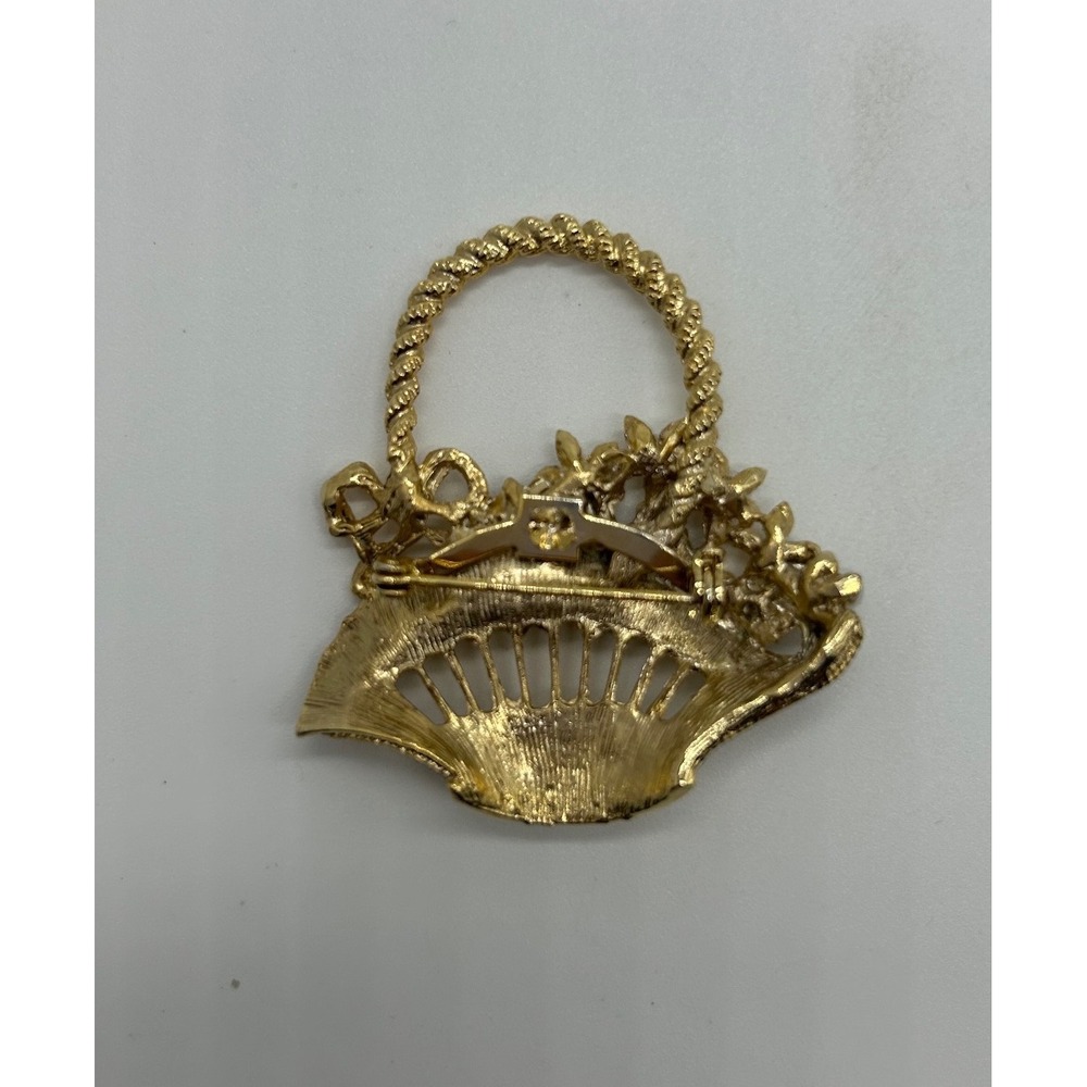 VTG Brooch Women OS Gold Flower Basket Faux Pearl Blue Rhinestone - Picture 3 of 3